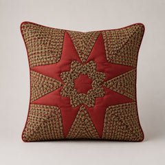 Machine Crafted Red Cushion Cover – 12"x12" | Geometric Star Patchwork Embroidery | Premium Poly-Cotton Decorative Cushion Cover