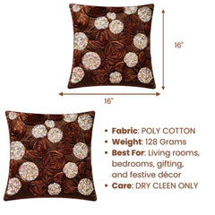 Hand Crafted Cushion Cover – Brown | 16"x16" | Poly Cotton | Embroidered Sequin Rosette Design
