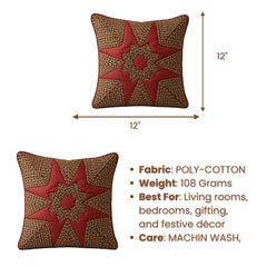 Machine Crafted Red Cushion Cover – 12"x12" | Geometric Star Patchwork Embroidery | Premium Poly-Cotton Decorative Cushion Cover