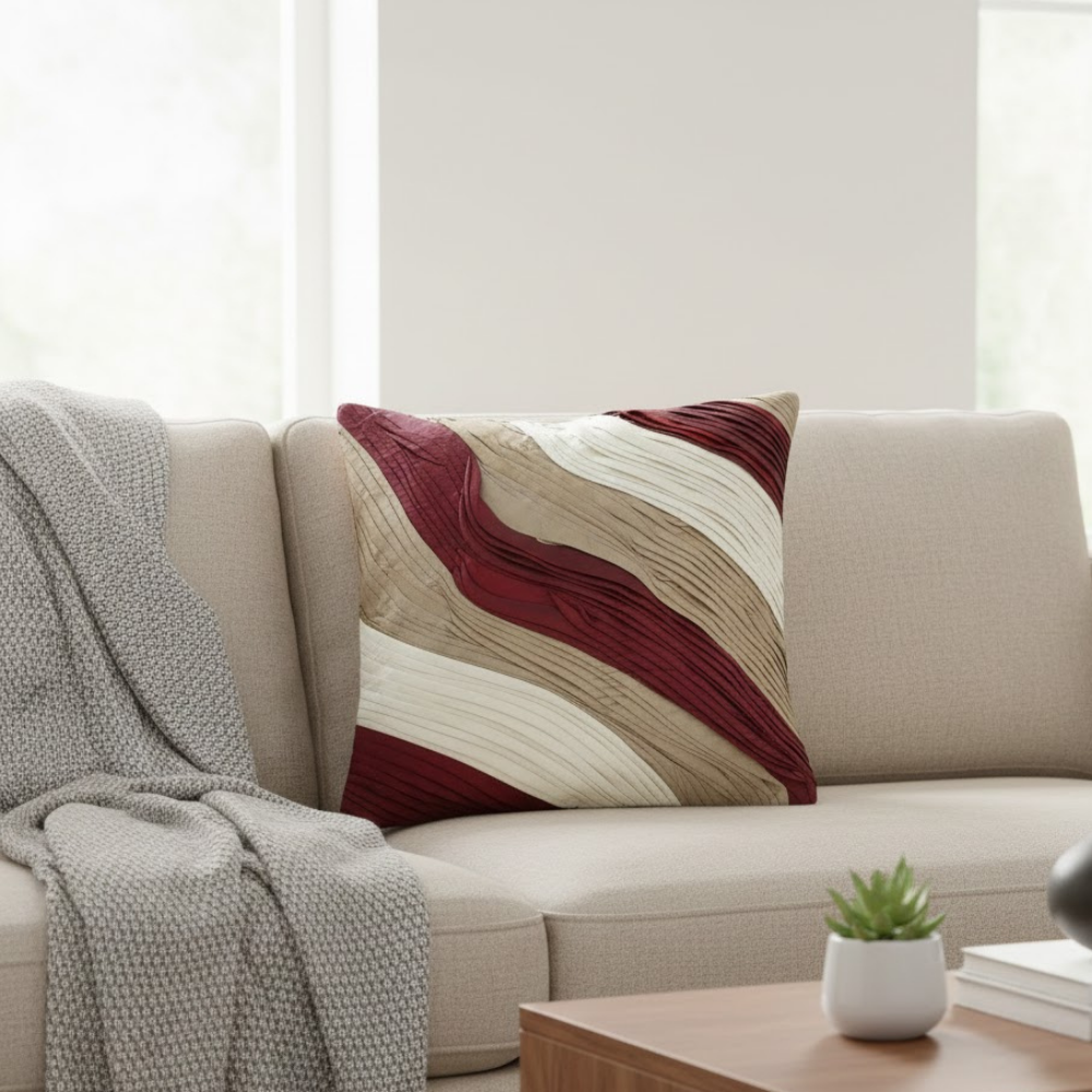 Fabric-Crafted Gold  Cushion Cover – 12"x12" | Triple-Tone Pleated Waves | Premium Poly Cotton