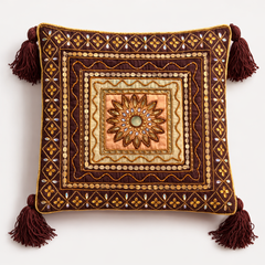 Hand Crafted Cushion Cover – Brown | 12"x12" | Poly Cotton | Embroidered Medallion Design