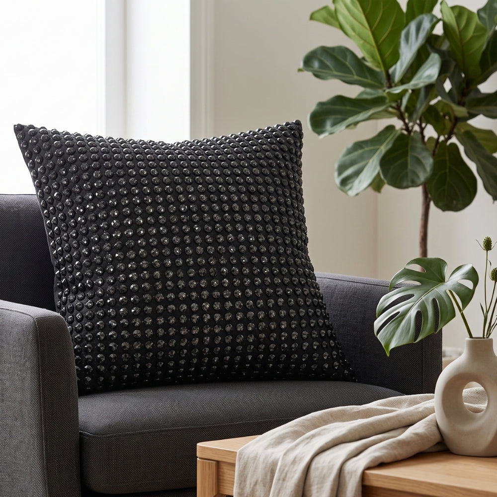 Handcrafted Black Beaded Cushion Cover – 16"x16" | Premium Poly Cotton | Elegant Handcrafted Design