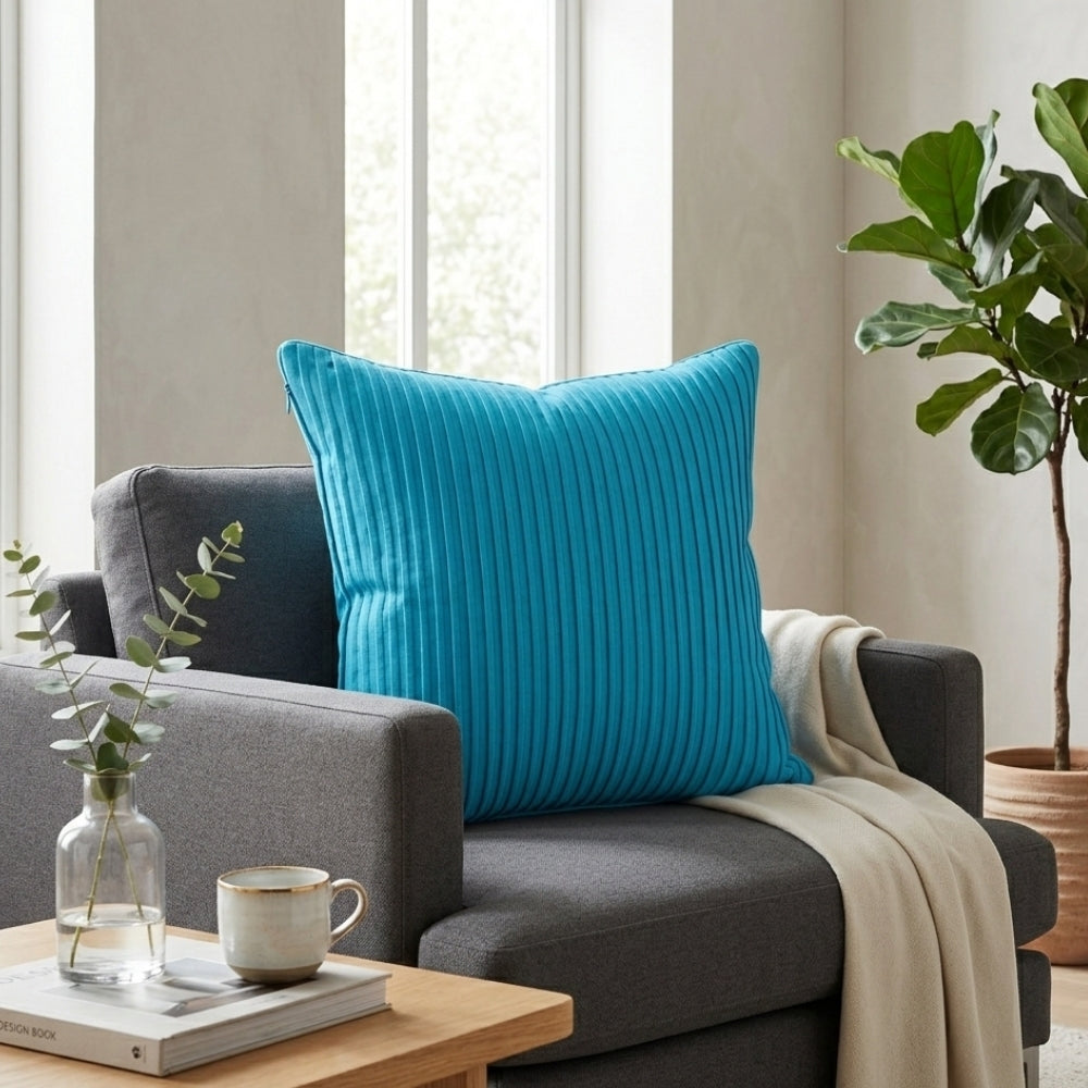 Fabric Crafted Cushion Cover – Turquoise | 16"x16" | Poly Cotton Foam Fabric | Premium Ribbed Texture Design