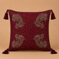 Maroon Paisley Embroidered Decorative Cushion Cover | 16"x16" Traditional Tassel Cushion Cover