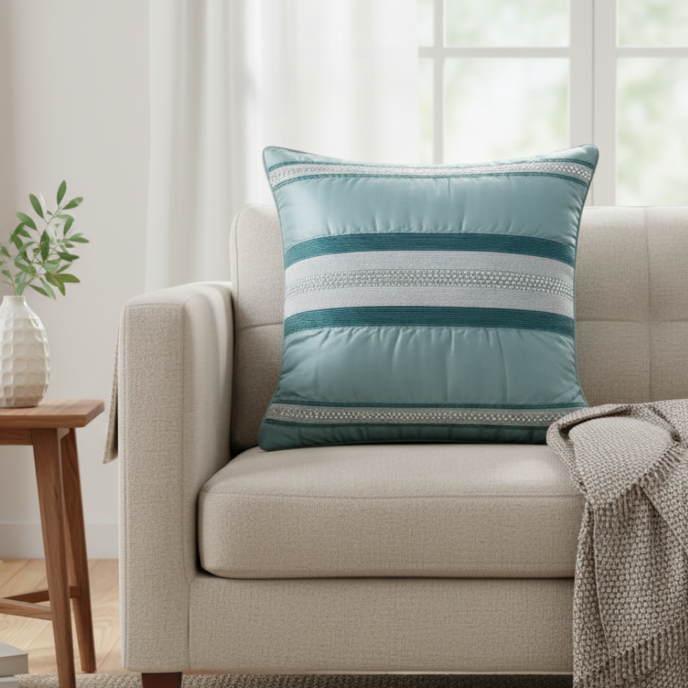 Handcrafted Green Cushion Cover – 16"x16" | Striped Embellished Design | Premium Poly Cotton