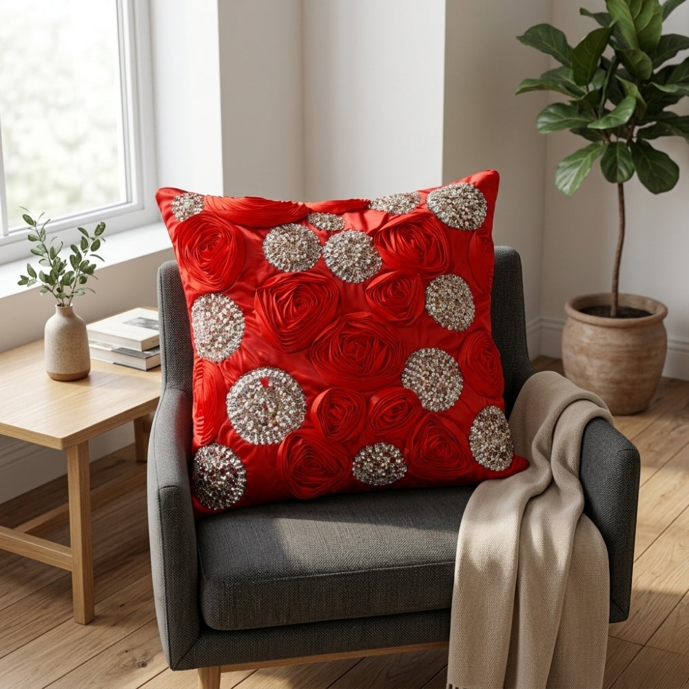 Hand Crafted Cushion Cover – Red | 16"x16" | Poly Cotton | Embroidered Sequin Rosette Design