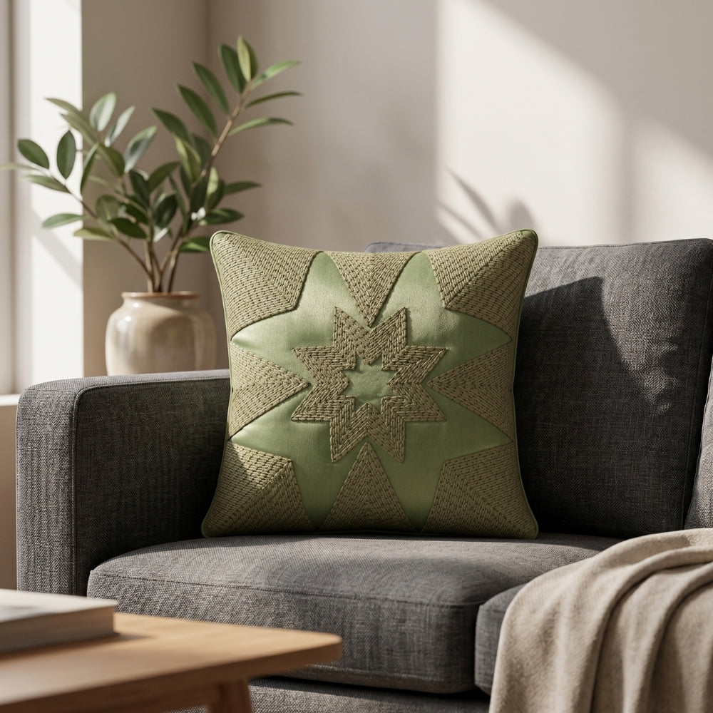 Machine Crafted Green Cushion Cover – 12"x12" | Geometric Star Patchwork Embroidery | Premium Poly-Cotton Decorative Cushion Cover