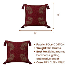 Maroon Paisley Embroidered Decorative Cushion Cover | 16"x16" Traditional Tassel Cushion Cover
