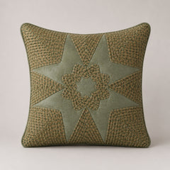 Machine Crafted Green Cushion Cover – 12"x12" | Geometric Star Patchwork Embroidery | Premium Poly-Cotton Decorative Cushion Cover