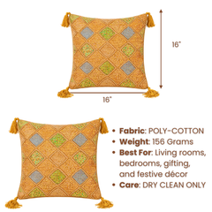 Handcrafted Orange Cushion Cover – 16"x16" | Diamond Patchwork Embroidery | Tassel Detailing | Premium Poly Cotton