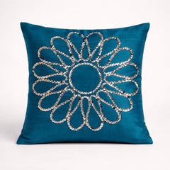 Hand Crafted Cushion Cover – Turquoise | 12"x12" | Poly Cotton Fabric | Floral Design