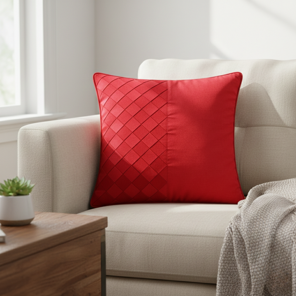 Fabric-Crafted Cushion Cover – Red | 12"x12" | Poly Cotton | Bold & Elegant