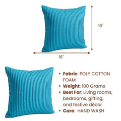 Fabric Crafted Cushion Cover – Turquoise | 16"x16" | Poly Cotton Foam Fabric | Premium Ribbed Texture Design