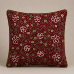 Red Embroidered Decorative Cushion Cover | 16"x16" Luxury Designer Cushion Cover