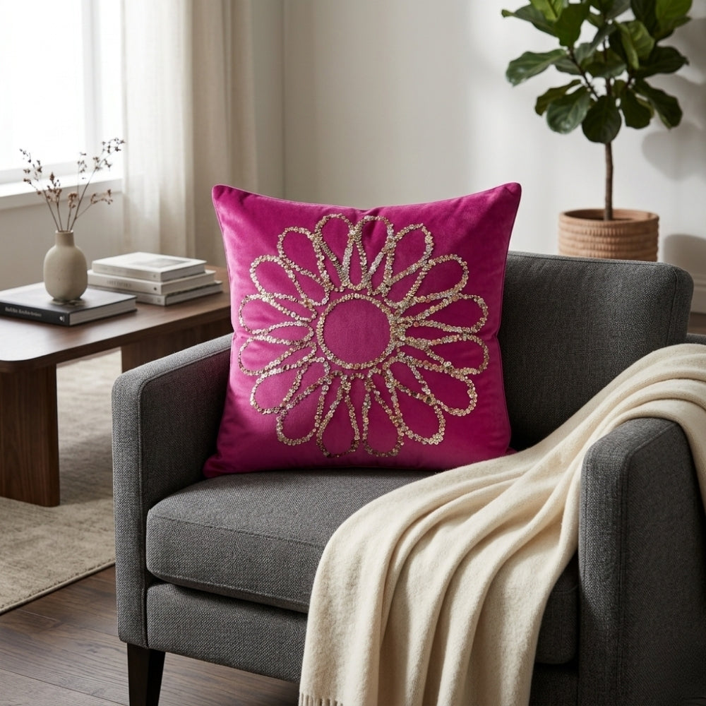 Hand Crafted Cushion Cover – Pink | 16"x16" | Poly Cotton | Embroidered Floral Design