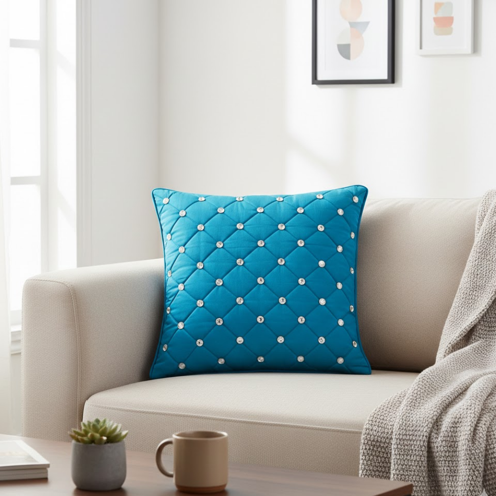 Handcrafted Turquoise Cushion Cover – 16"x16" | Premium Poly-Cotton Matty | Crystal-Studded Diamond Quilting | Luxury Statement Décor