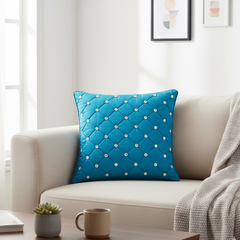 Handcrafted Turquoise Cushion Cover – 16"x16" | Premium Poly-Cotton Matty | Crystal-Studded Diamond Quilting | Luxury Statement Décor
