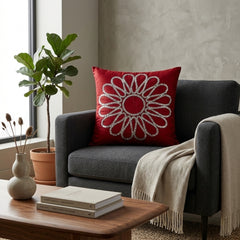 Hand Crafted Cushion Cover – Maroon | 16"x16" | Poly Cotton Fabric | Stone Work Floral Design