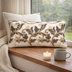 Machine Crafted Bolster Cover – Cream | 20"x8" | Poly Chenille Fabric | Embroidered Floral Design