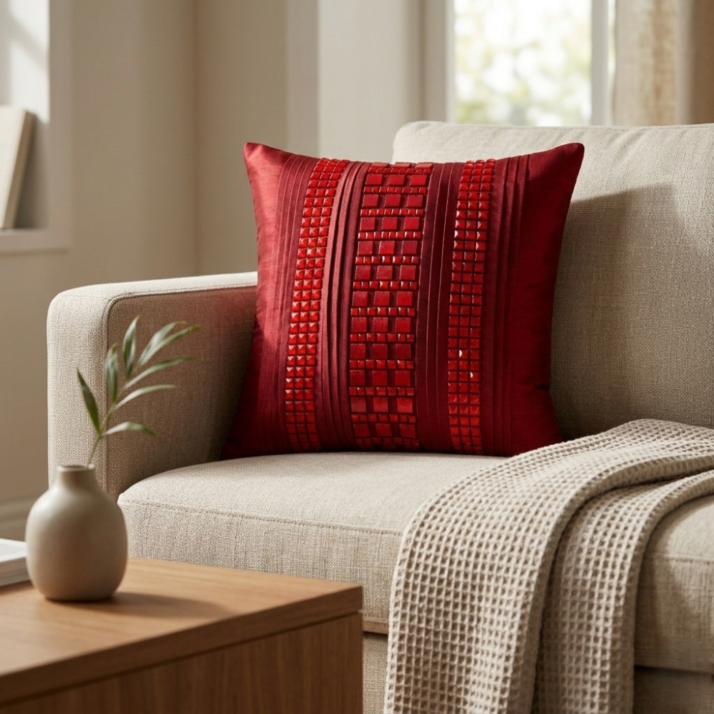 Hand Crafted Cushion Cover – Maroon | 12"x12" | Poly Cotton | Textured Panel Design