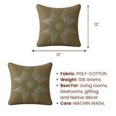 Machine Crafted Green Cushion Cover – 12"x12" | Geometric Star Patchwork Embroidery | Premium Poly-Cotton Decorative Cushion Cover