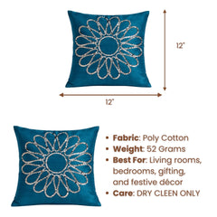 Hand Crafted Cushion Cover – Turquoise | 12"x12" | Poly Cotton Fabric | Floral Design