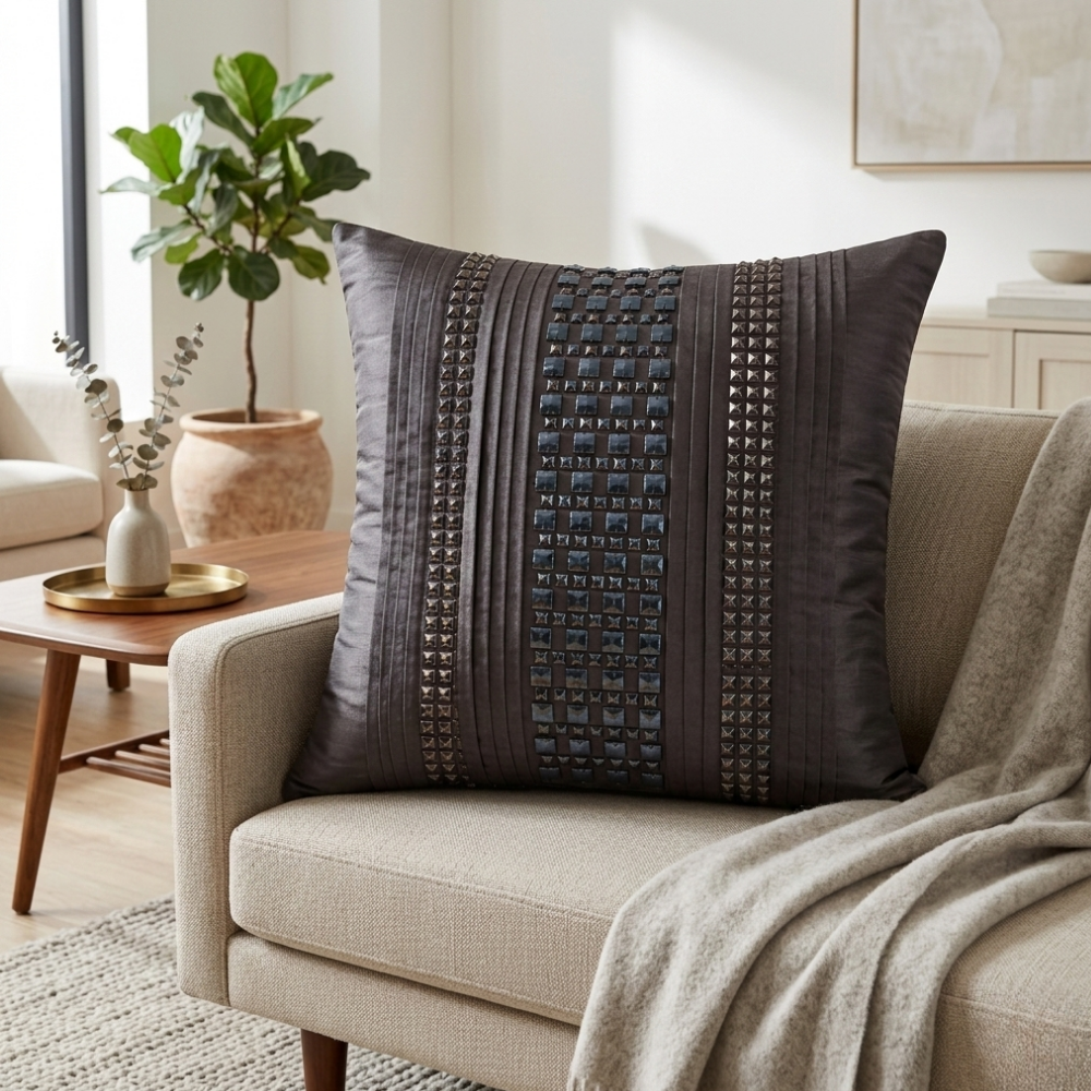 Hand Crafted Cushion Cover – Black | 16"x16" | Poly Cotton | Textured Panel Design