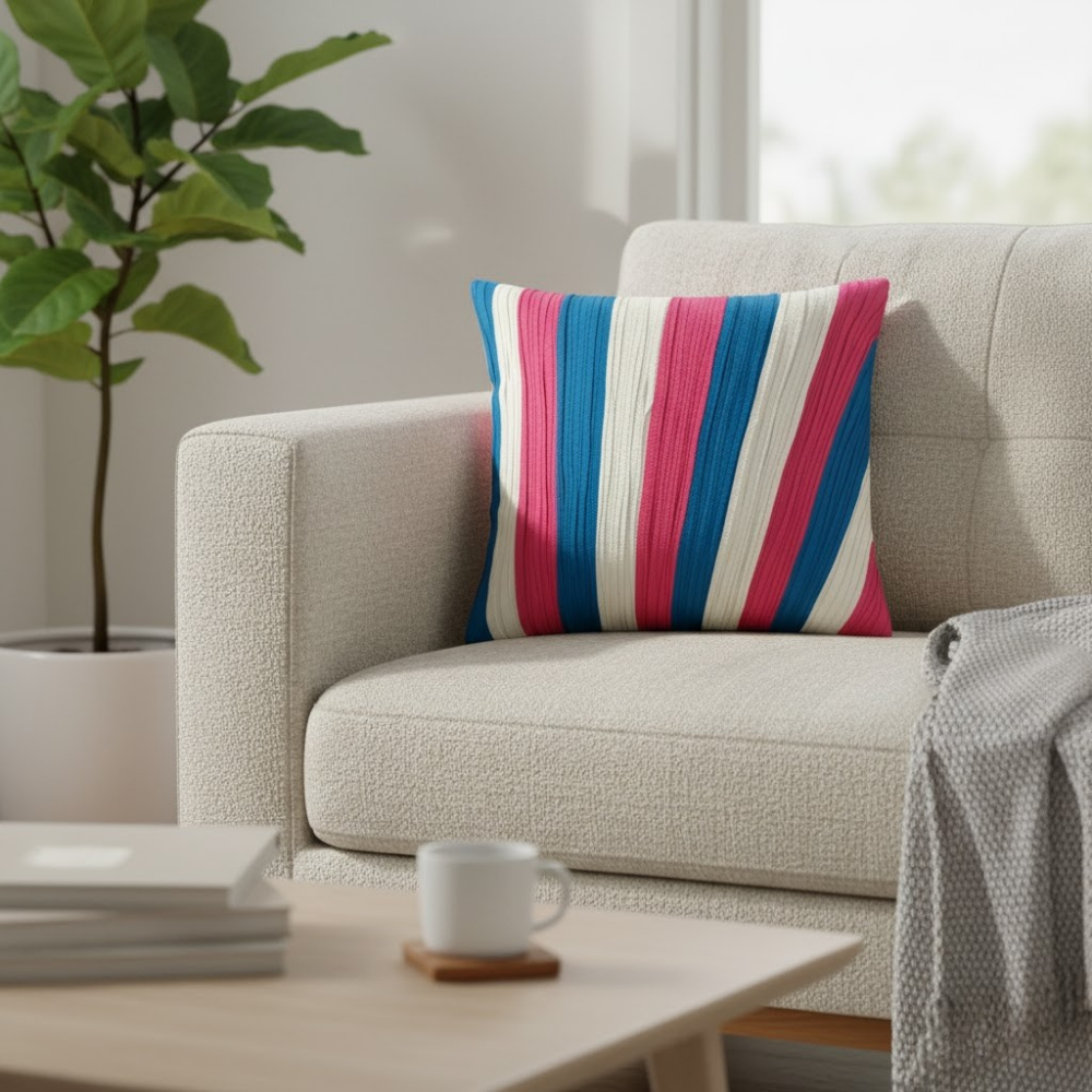 Fabric-Crafted Turquoise Cushion Cover – 16"x16", Multi-Stripe Textured Design in Premium Poly Cotton