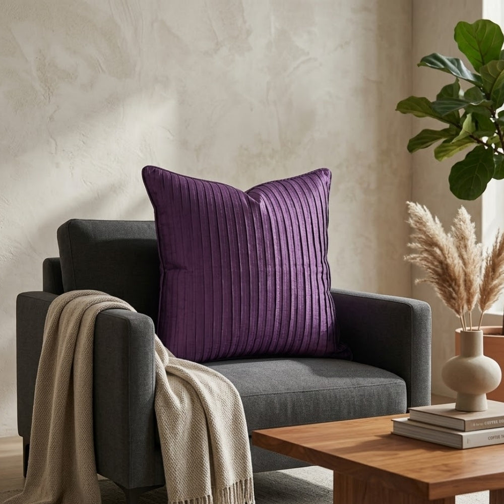 Fabric Crafted Cushion Cover – Dark Purple | 16"x16" | Poly Cotton Foam Fabric | Premium Ribbed Texture Design
