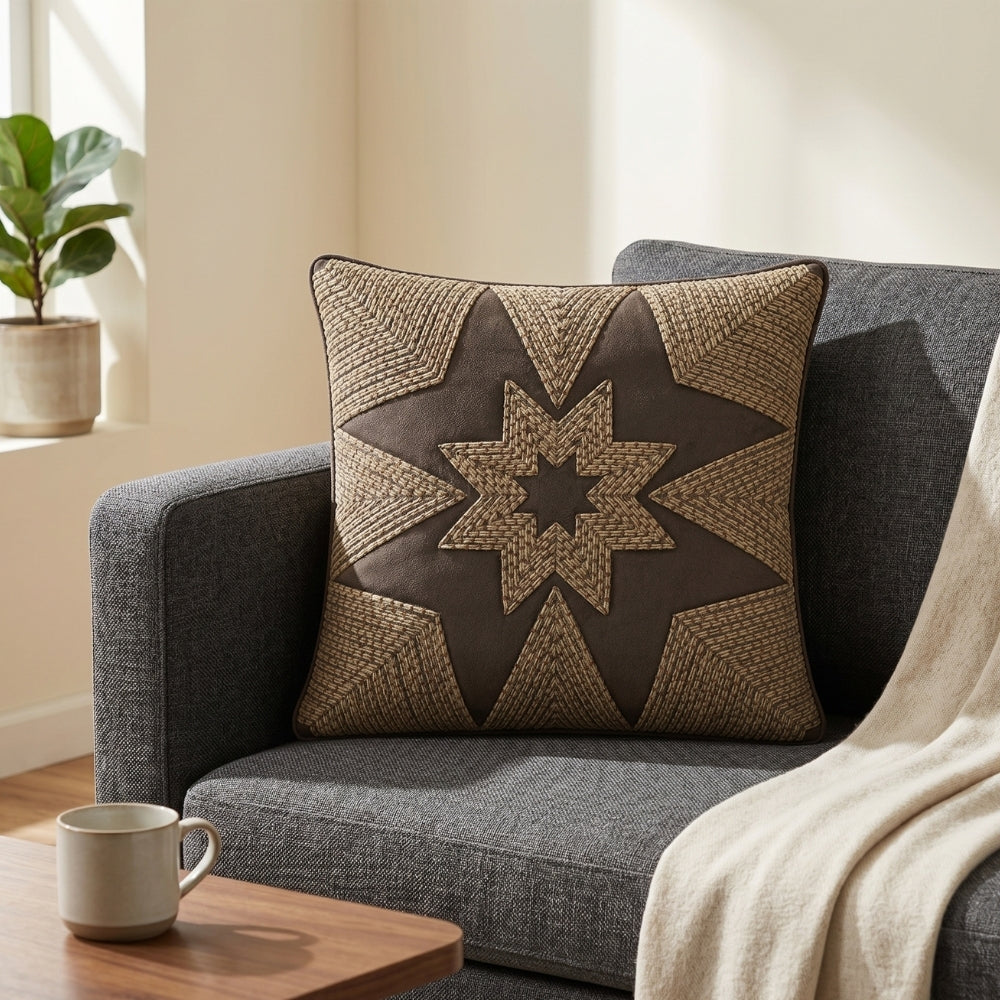 Machine Crafted Brown Cushion Cover – 12"x12" | Geometric Star Patchwork Embroidery | Premium Poly-Cotton Decorative Cushion Cover