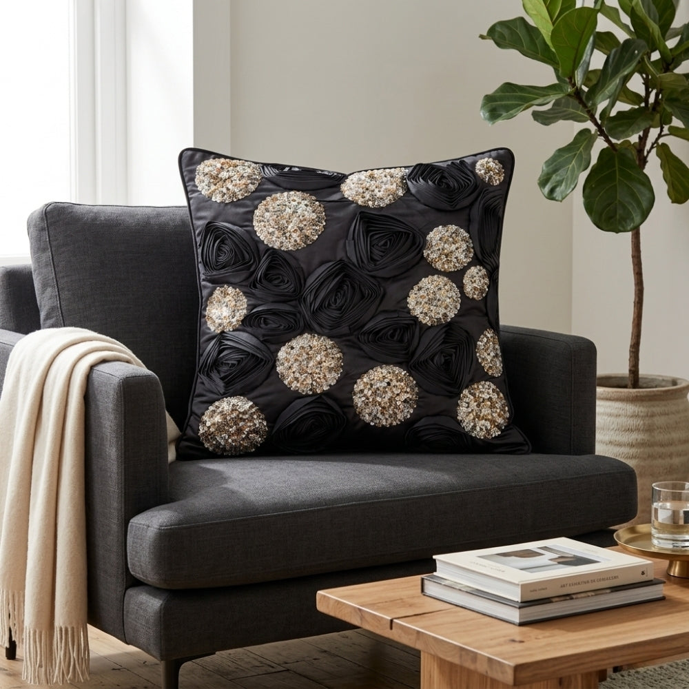 Hand Crafted Cushion Cover – Black | 16"x16" | Poly Cotton | Sequin Rosette Design
