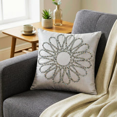 Hand Crafted Cushion Cover – White | 12"x12" | Poly Cotton Fabric | Floral Design