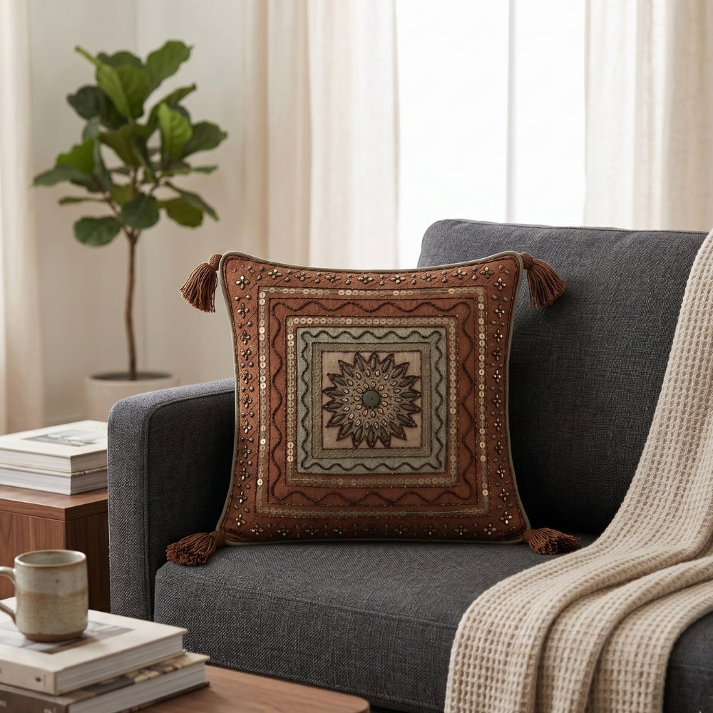 Handcrafted Cushion Cover – Orange | 12"x12" | Traditional Embroidered Tassel Decorative Cushion Cover