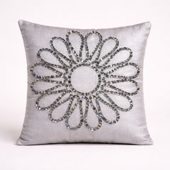 Hand Crafted Cushion Cover – White | 12"x12" | Poly Cotton Fabric | Floral Design