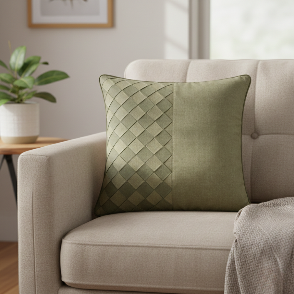 Fabric-Crafted Cushion Cover – Green | 12"x12" | Poly Cotton | Fresh & Elegant