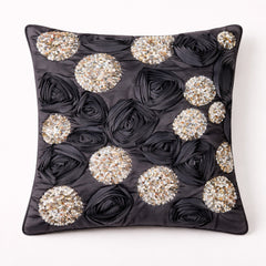 Hand Crafted Cushion Cover – Black | 16"x16" | Poly Cotton | Sequin Rosette Design