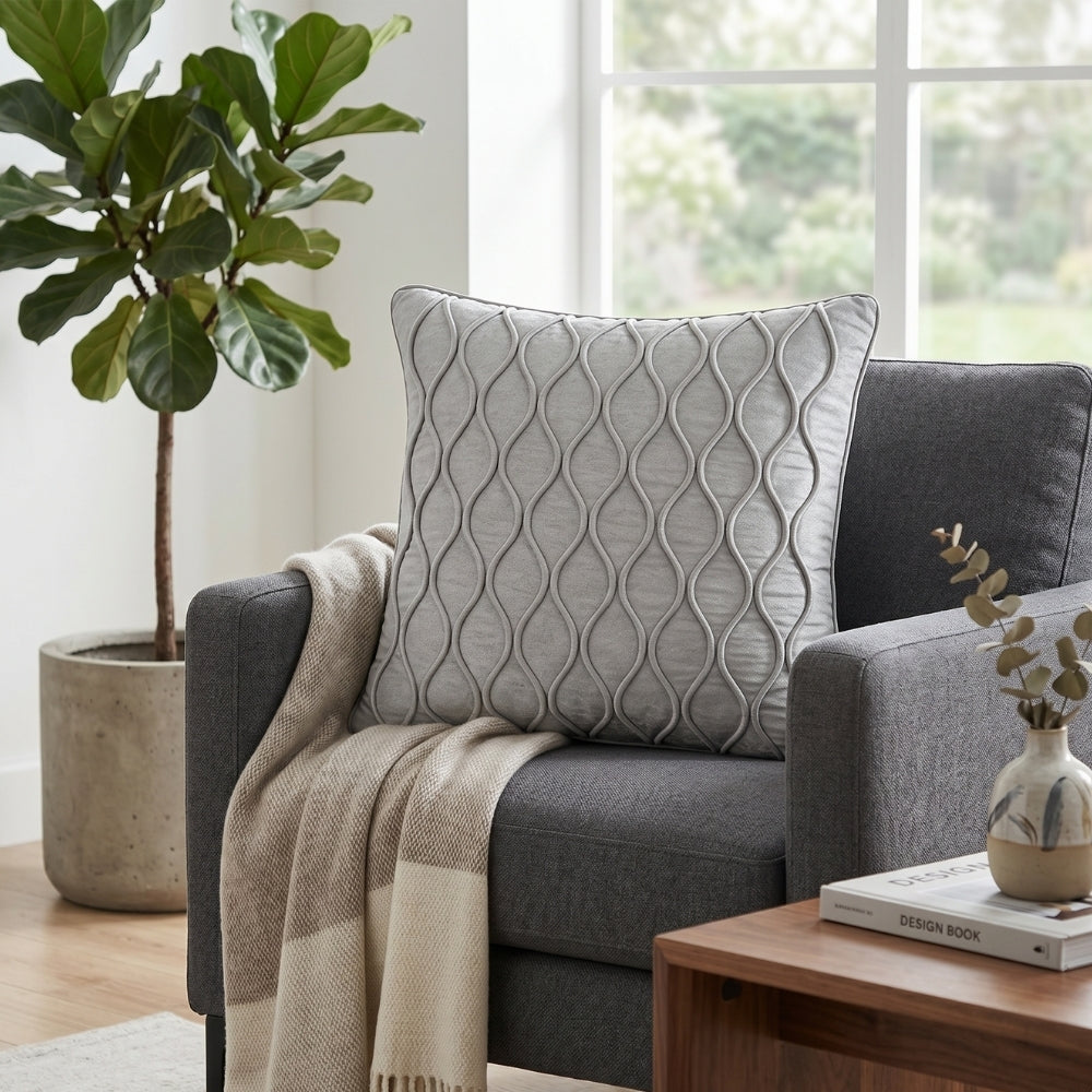 Fabric Crafted Cushion Cover – Ivory | 16"x16" | Poly Cotton Fabric | Elegant Embossed Wavy Pattern Design