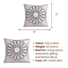 Hand Crafted Cushion Cover – White | 12"x12" | Poly Cotton Fabric | Floral Design