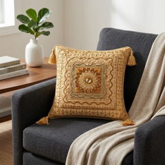 Hand Crafted Cushion Cover – Camel | 12"x12" | Poly Cotton | Embroidered Medallion Design