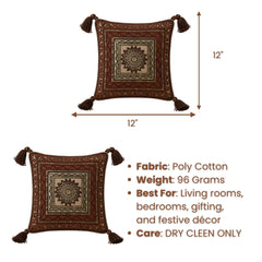 Handcrafted Cushion Cover – Orange | 12"x12" | Traditional Embroidered Tassel Decorative Cushion Cover