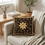 Hand Crafted Embroidered Cushion Cover – Black | 12"x12" | Poly Cotton | Floral Design