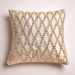 Hand Crafted Cushion Cover – Beige | 16"x16" | Poly Cotton | Premium Beaded Embroidery Design