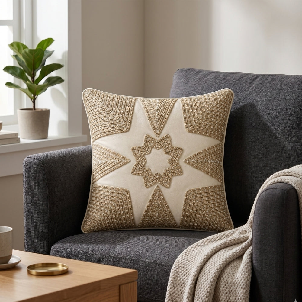 Machine Crafted Cream Cushion Cover – 12"x12" | Geometric Star Patchwork Embroidery | Premium Poly-Cotton Decorative Cushion Cover