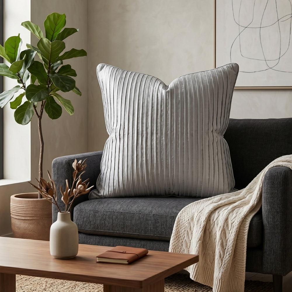 Fabric Crafted Cushion Cover – Grey | 16"x16" | Poly Cotton Foam Fabric | Premium Ribbed Texture Design