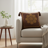 Handcrafted Brown Cushion Cover – 16"x16" | Traditional Circular Embroidery | Tassel Detailing | Premium Poly Cotton