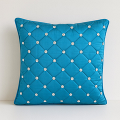 Handcrafted Turquoise Cushion Cover – 16"x16" | Premium Poly-Cotton Matty | Crystal-Studded Diamond Quilting | Luxury Statement Décor