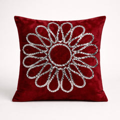 Hand Crafted Cushion Cover – Maroon | 16"x16" | Poly Cotton Fabric | Stone Work Floral Design