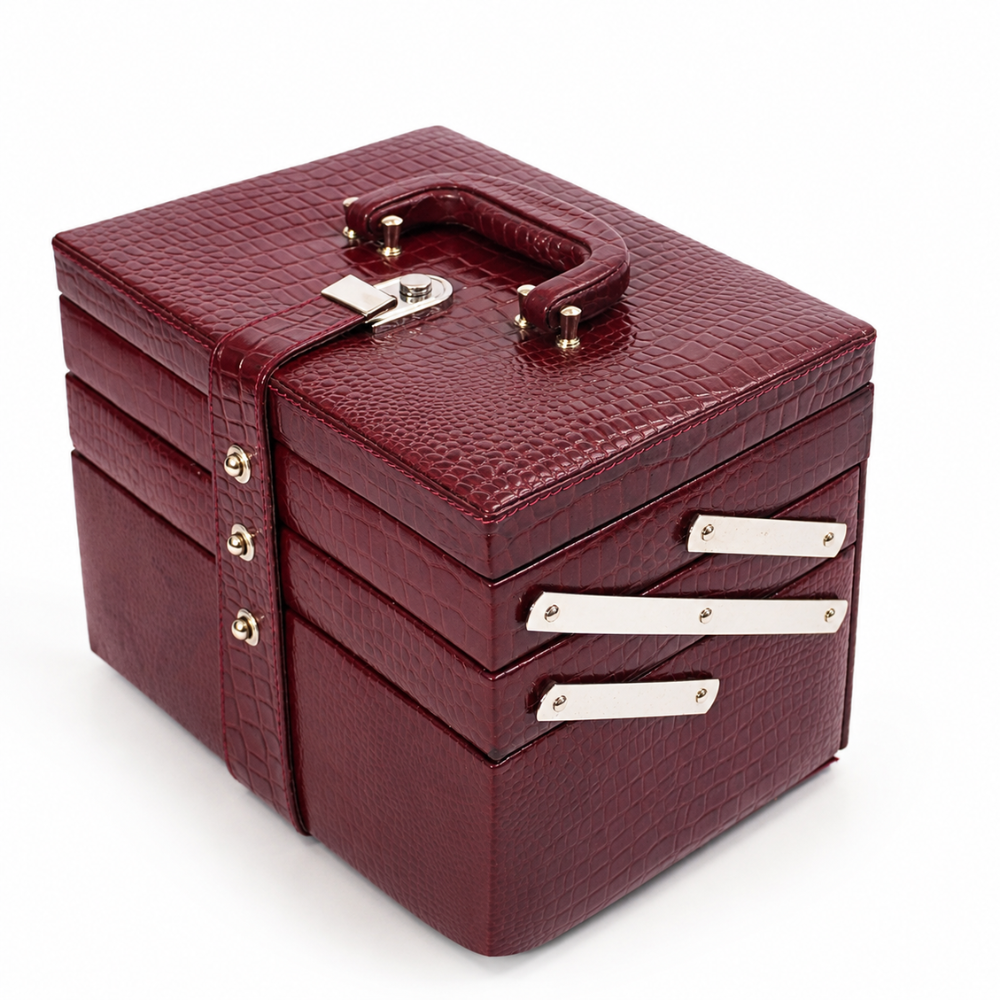 Luxury Cherry Red Crocodile Texture Leather Jewellery Box with Mirror, Multi-Layer Jewellery Storage Organizer for Rings, Earrings, Necklaces, Bracelets, Bangles & Watches (25.91 × 18.29 × 18.54 cm)