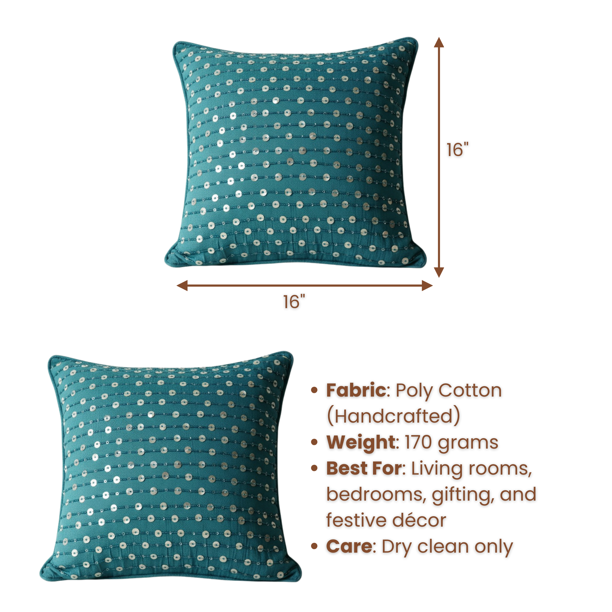 Handcrafted Turquoise Cushion Cover – 16"x16", Premium Poly Cotton