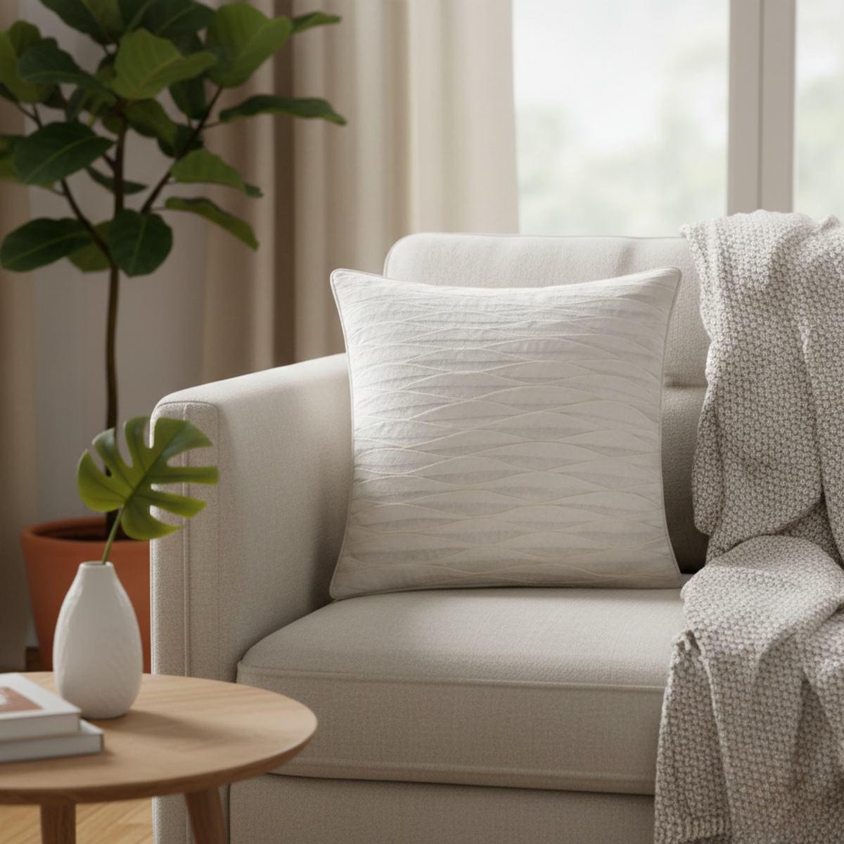 Fabric-Crafted Cream Cushion Cover – 12"x12" | Elegant Wave Layered Texture | Premium Poly Cotton